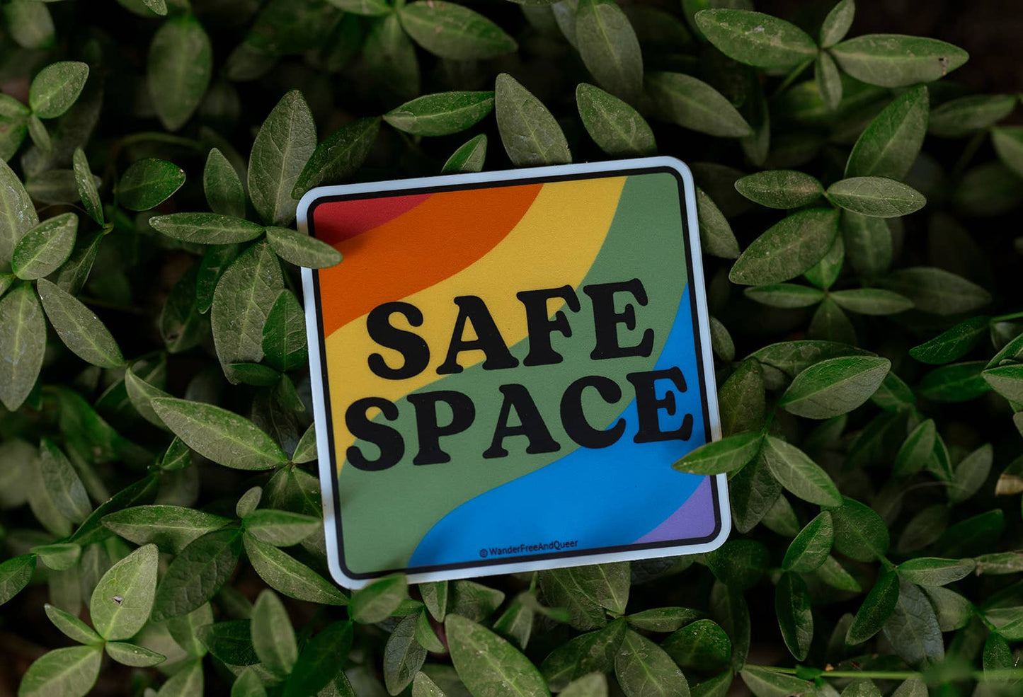 Rainbow-colored 'Safe Space' sticker on green leaves