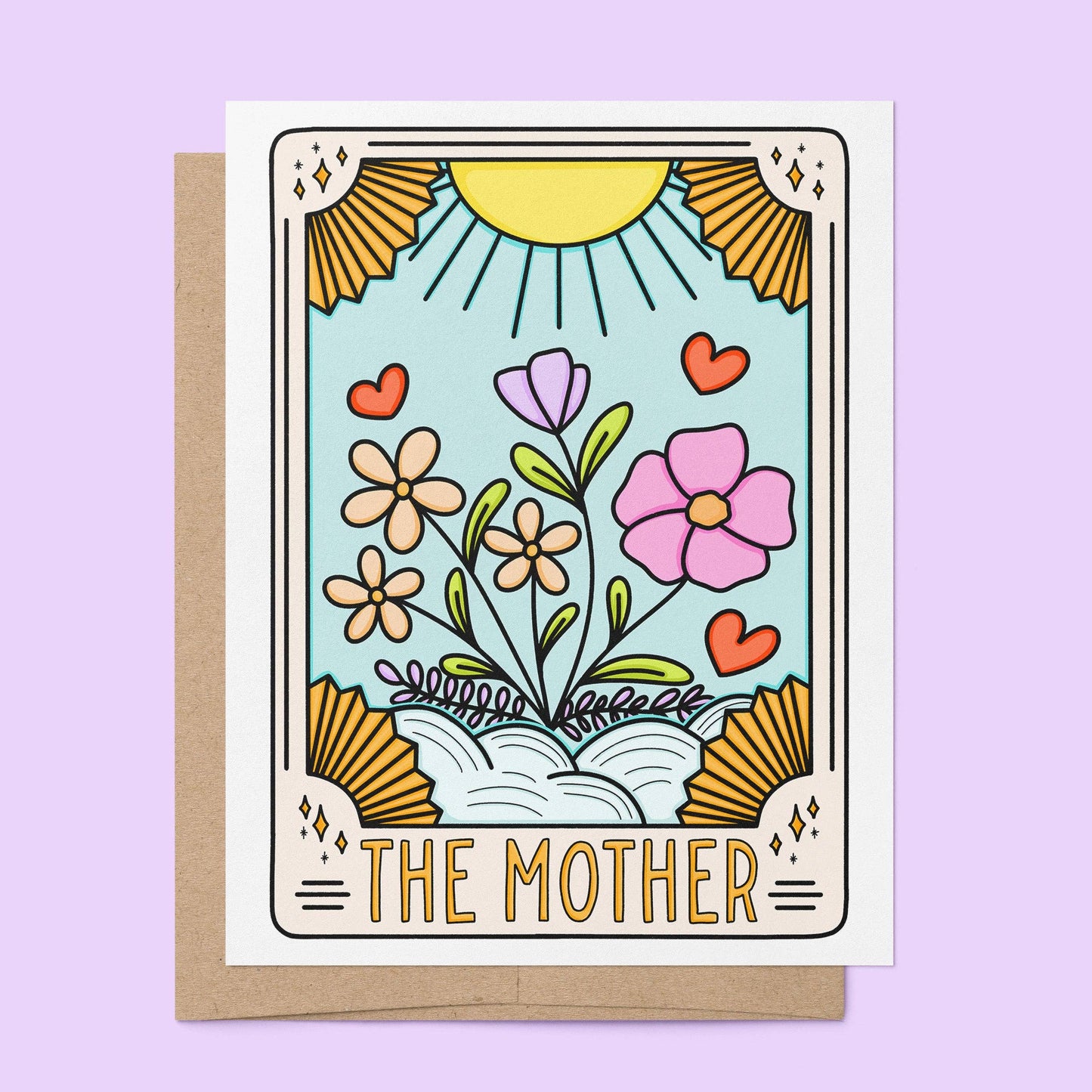 Greeting card with floral design and 'The Mother' text on a purple background