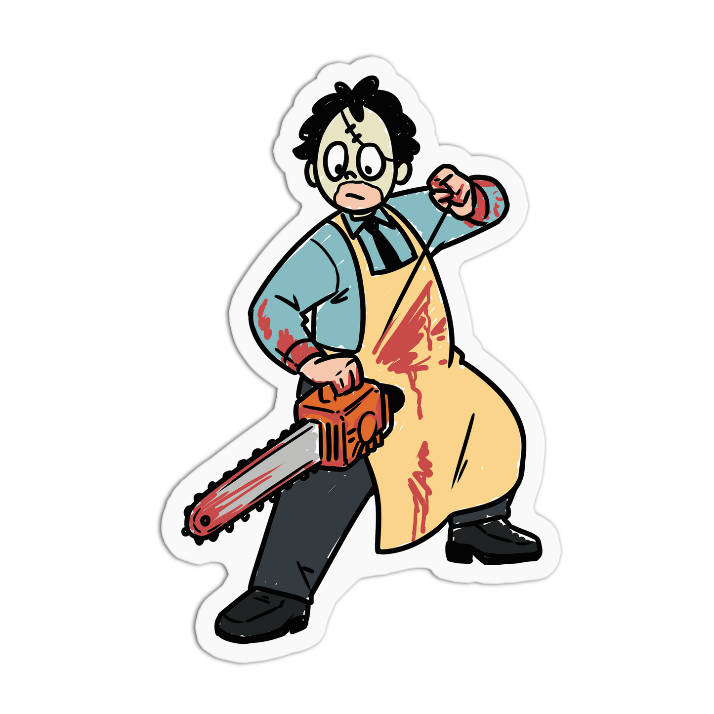 Cartoon character in an apron holding a chainsaw on a white background