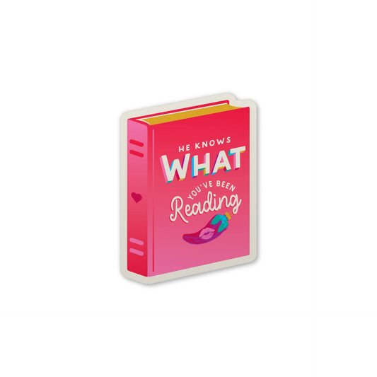 A pink novelty book-shaped sticker or decal with the text 'HE KNOWS WHAT YOU'VE BEEN Reading' and a small purple-and-teal heart illustration, shown on a plain white background.