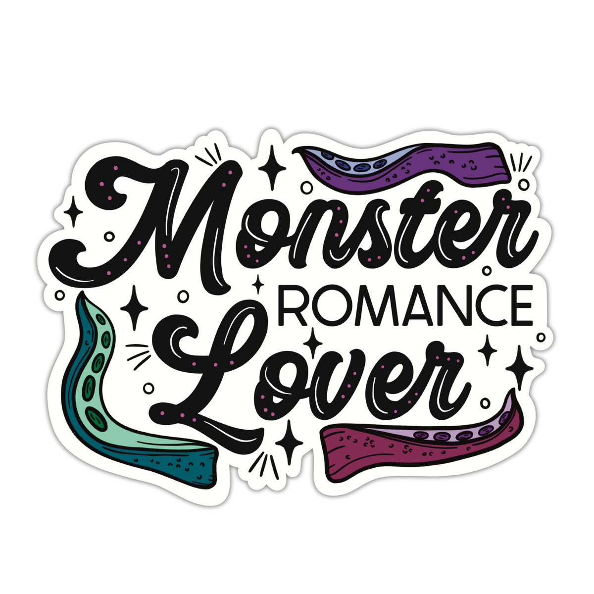 A die-cut sticker with the phrase 'Monster Romance Lover' in stylized black lettering, decorated with purple and teal tentacles and small star accents on a white background.