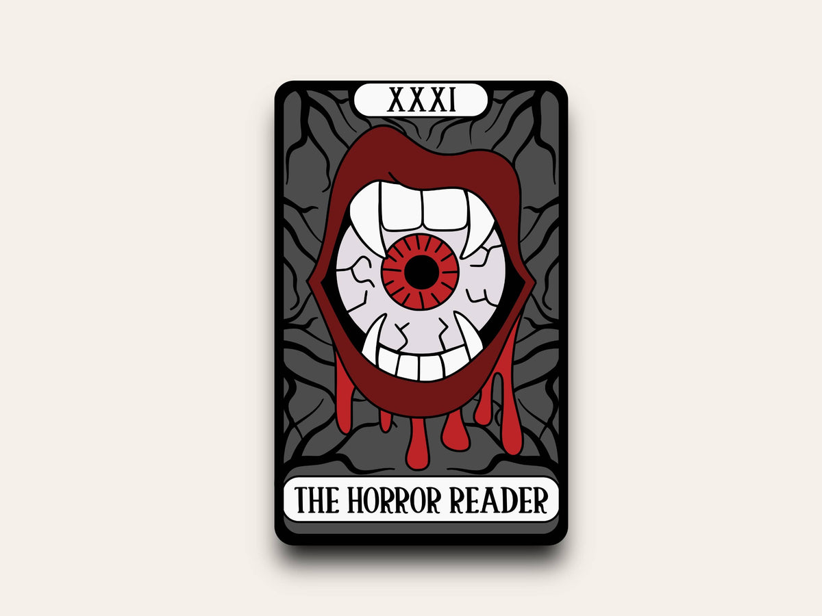 A tarot card style illustration labeled 'XXXI' at the top and 'THE HORROR READER' at the bottom, featuring a stylized open mouth with a single exposed eye and red dripping details on a dark gray background.