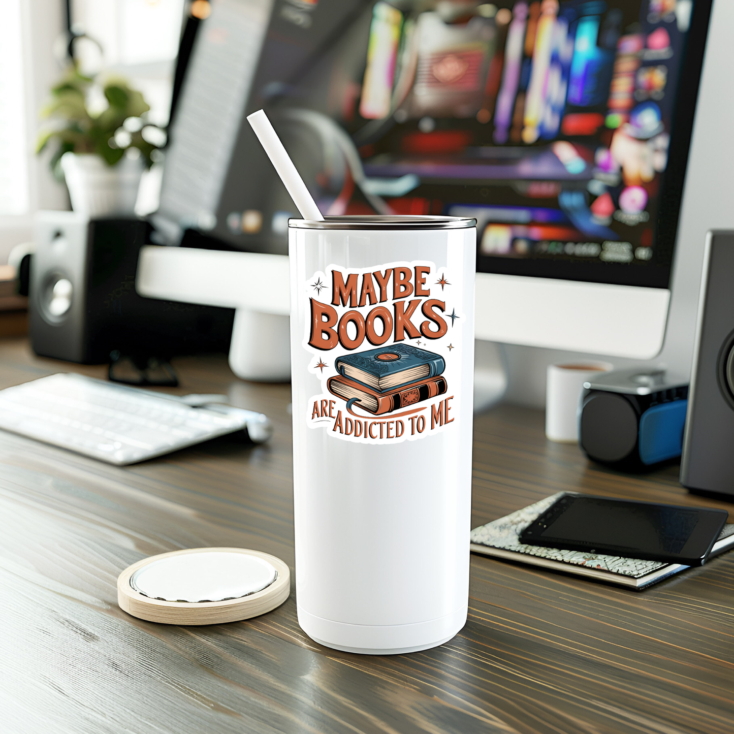 White tumbler with 'Maybe books are addicted to me' text on a desk with computer equipment.