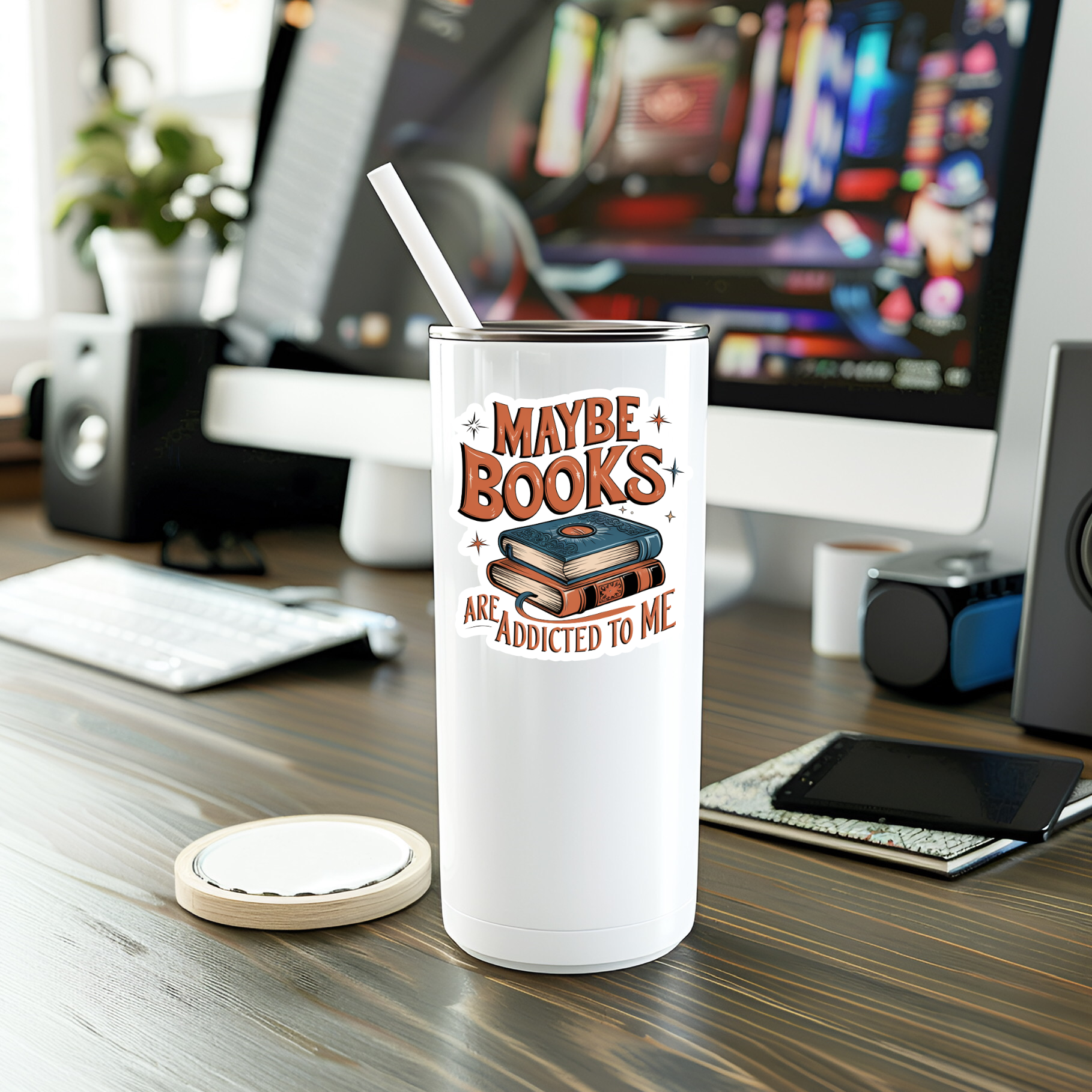 White tumbler with 'Maybe books are addicted to me' text on a desk with computer equipment.