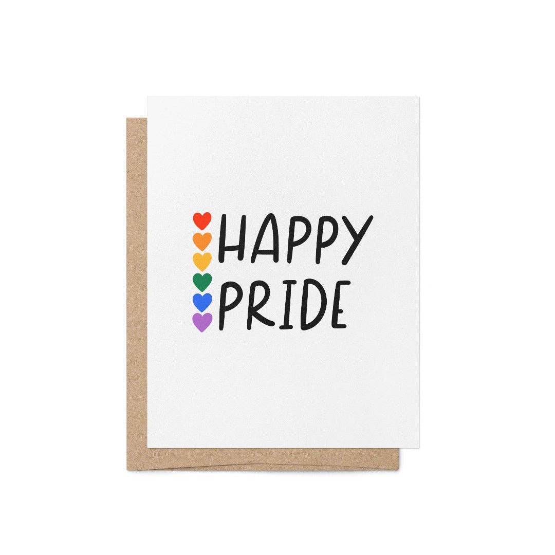 Greeting card with 'Happy Pride' text and rainbow hearts on a white background