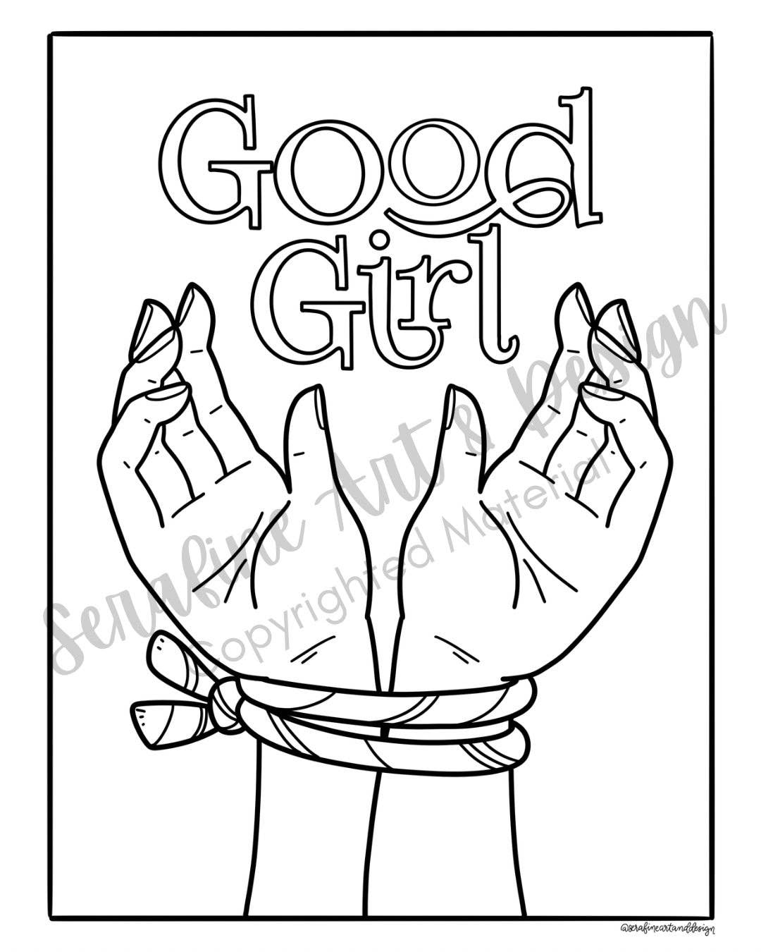 Black and white illustration of hands holding a glass ball with 'Good Girl' text.
