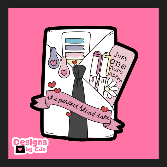 Illustration of a book and a tie on a pink background with text 'just one more chapter' and 'the perfect blind date'.