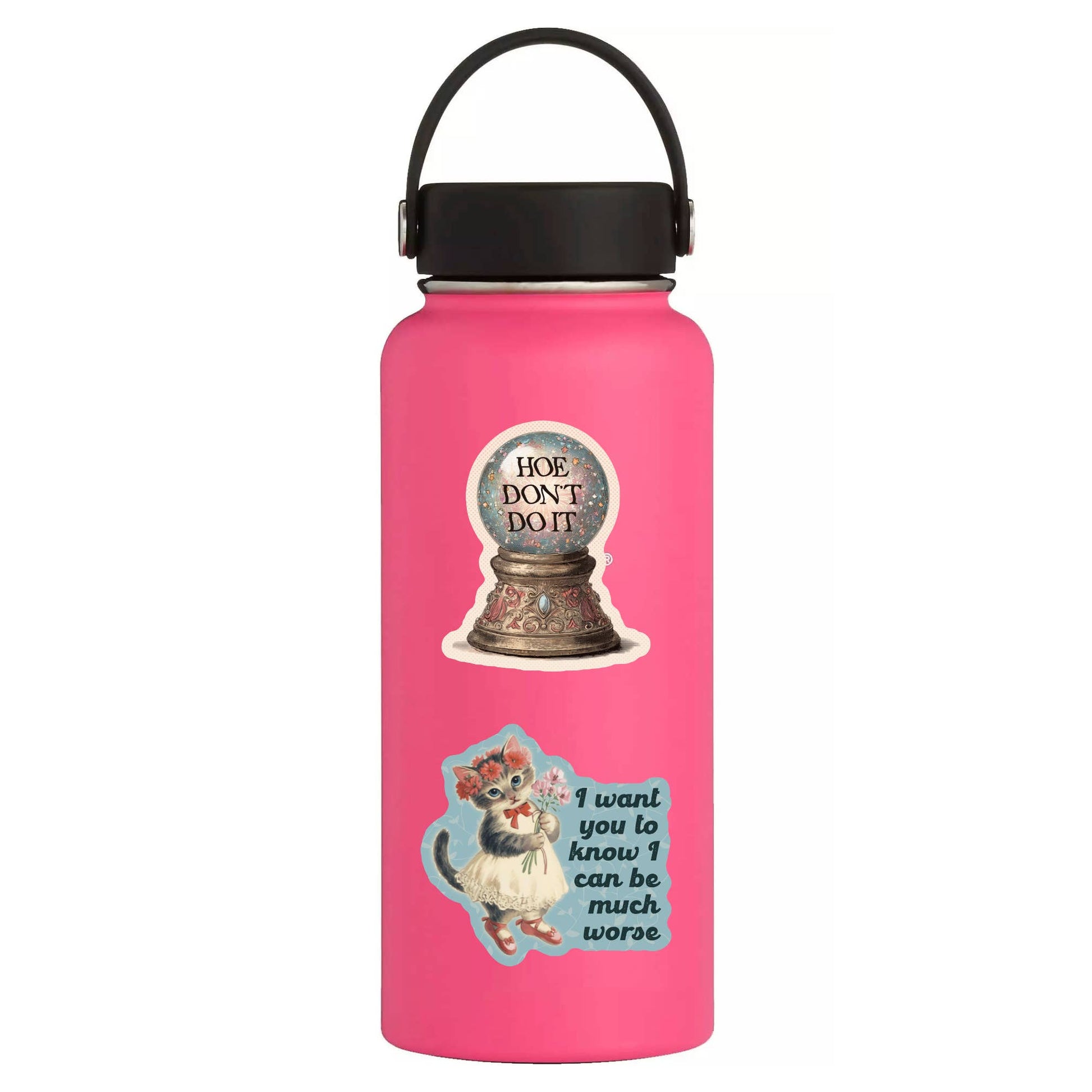 Pink water bottle with decorative stickers on a white background