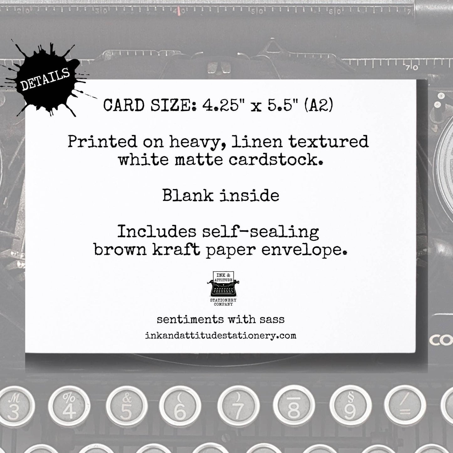Card size information on a white card with black text, displayed against a gray background with stationery-themed elements.