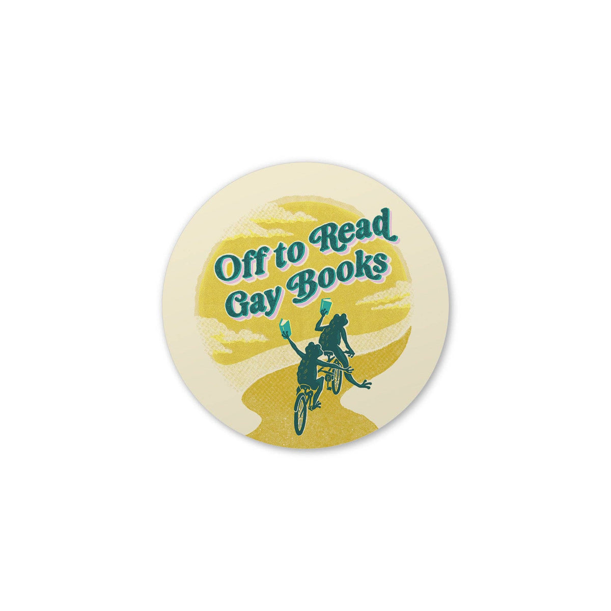 Stcker with 'Off to Read Gay Books' text and graphic of two people on bicycles.