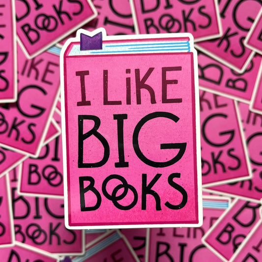 Pink sticker with 'I Like Big Books' text on a background of similar pink stickers.
