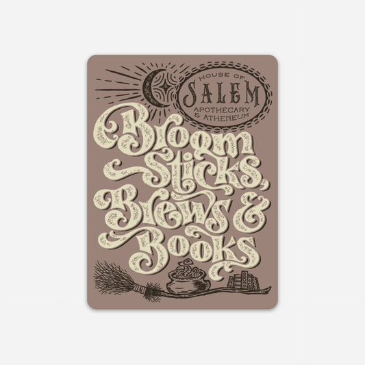 A rectangular card or sticker with rounded corners featuring vintage-style illustrated text that reads 'Bloom Sticks Blew Books' and 'House of Salem Apothecary & Athenaeum,' along with moon, broom, and book drawings on a muted mauve background.