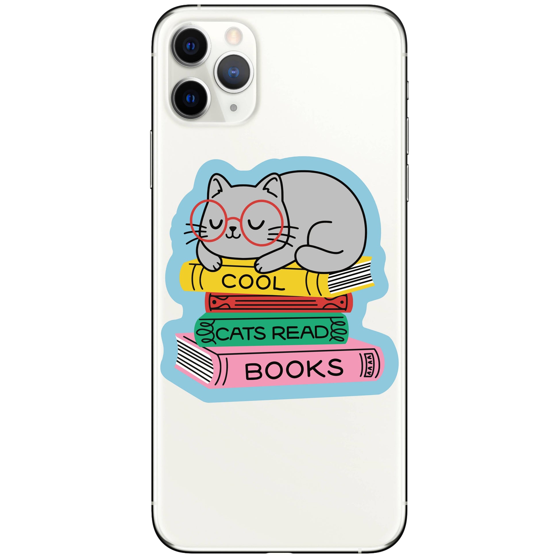 Phone case with a cat reading books design on a white background