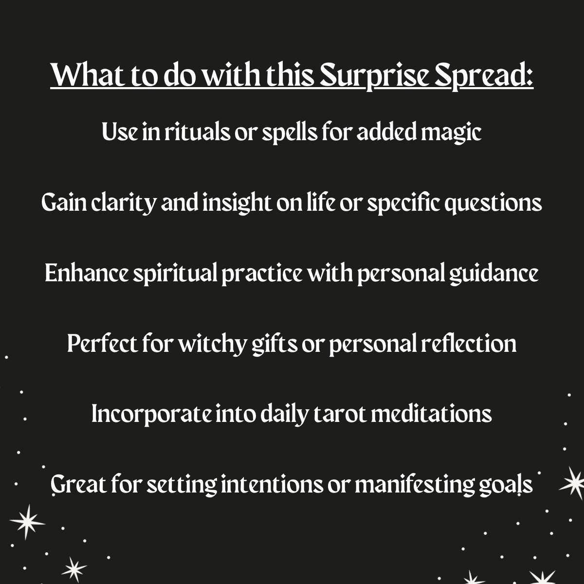 Text on a black background with white text about using a 'Surprise Spread' for various purposes.