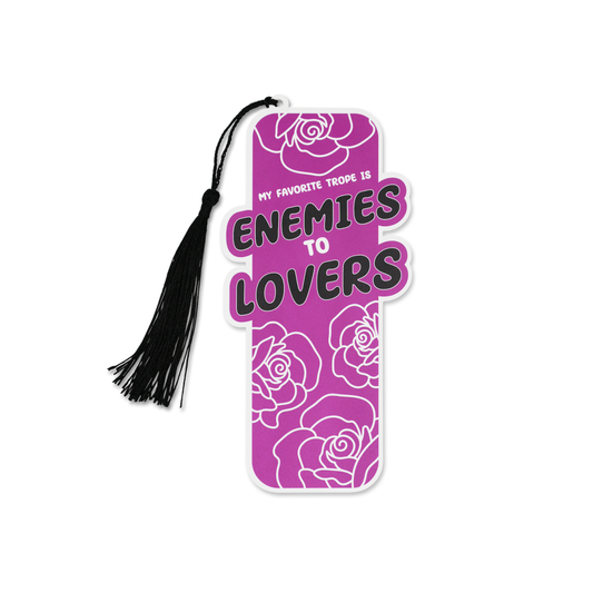 Purple bookmark with rose designs and text on a white background