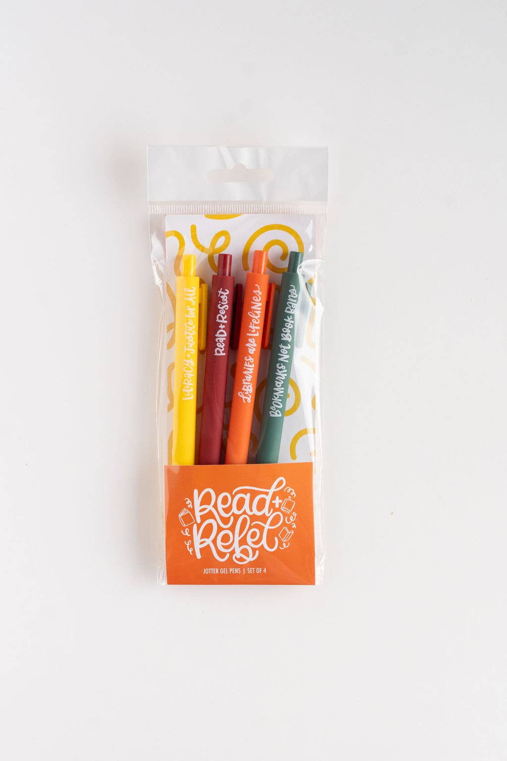 Pack of colorful pens with a clear plastic sleeve on a white background