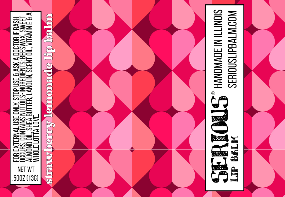 Lip balm packaging with pink geometric pattern and 'Serious' branding