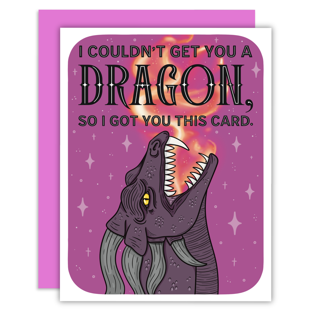 Greeting card with dragon illustration and humorous text on a purple background