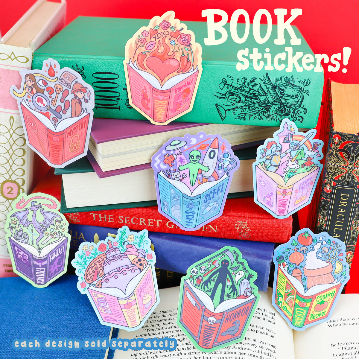 Colorful book-shaped stickers on books with 'Book Stickers!' text.