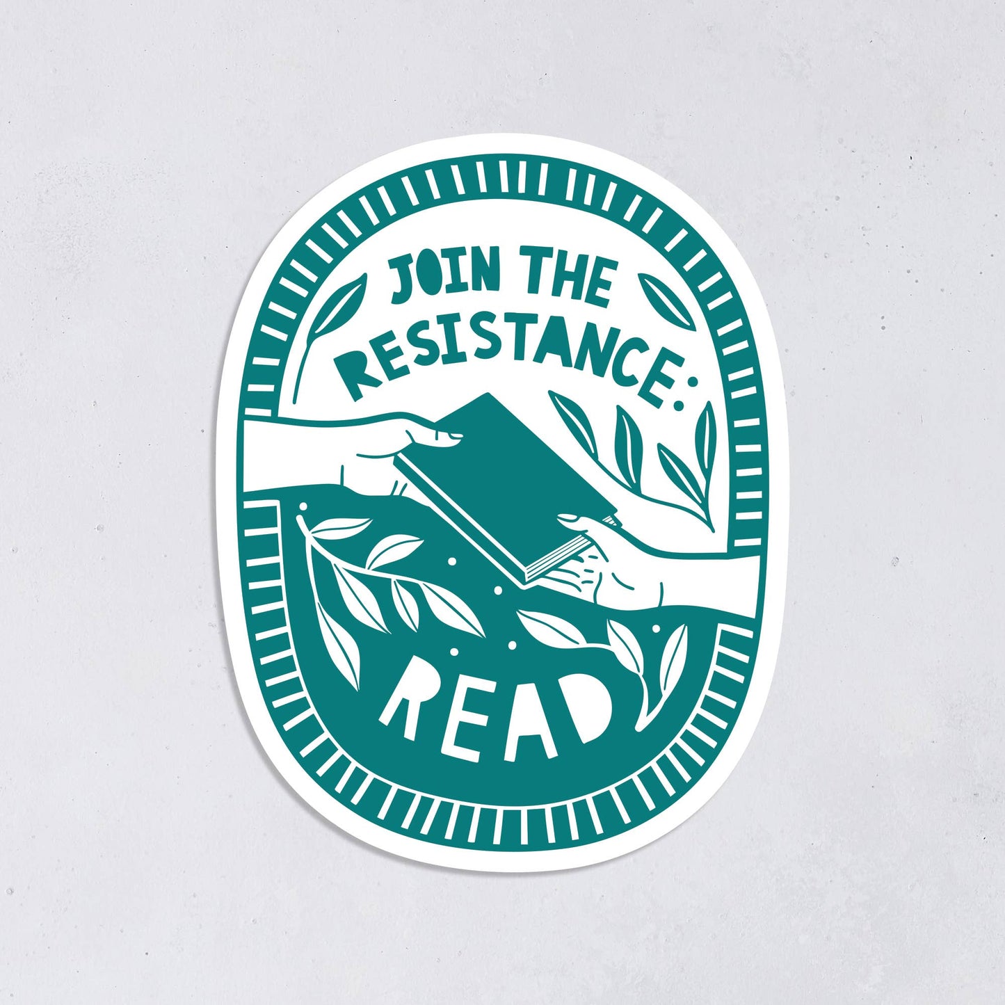 Teal sticker with 'Join the Resistance, Read' text on a light gray background