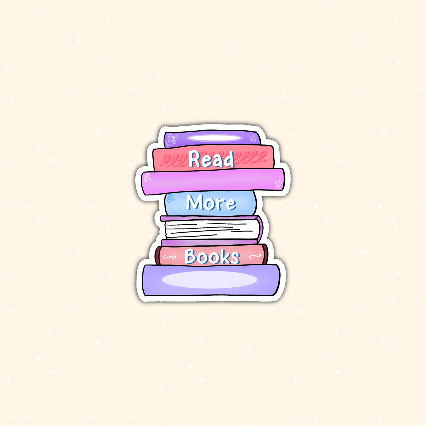 A die-cut sticker featuring a cute cartoon stack of five books with the words 'Read More Books' written on them, set against a light cream background.