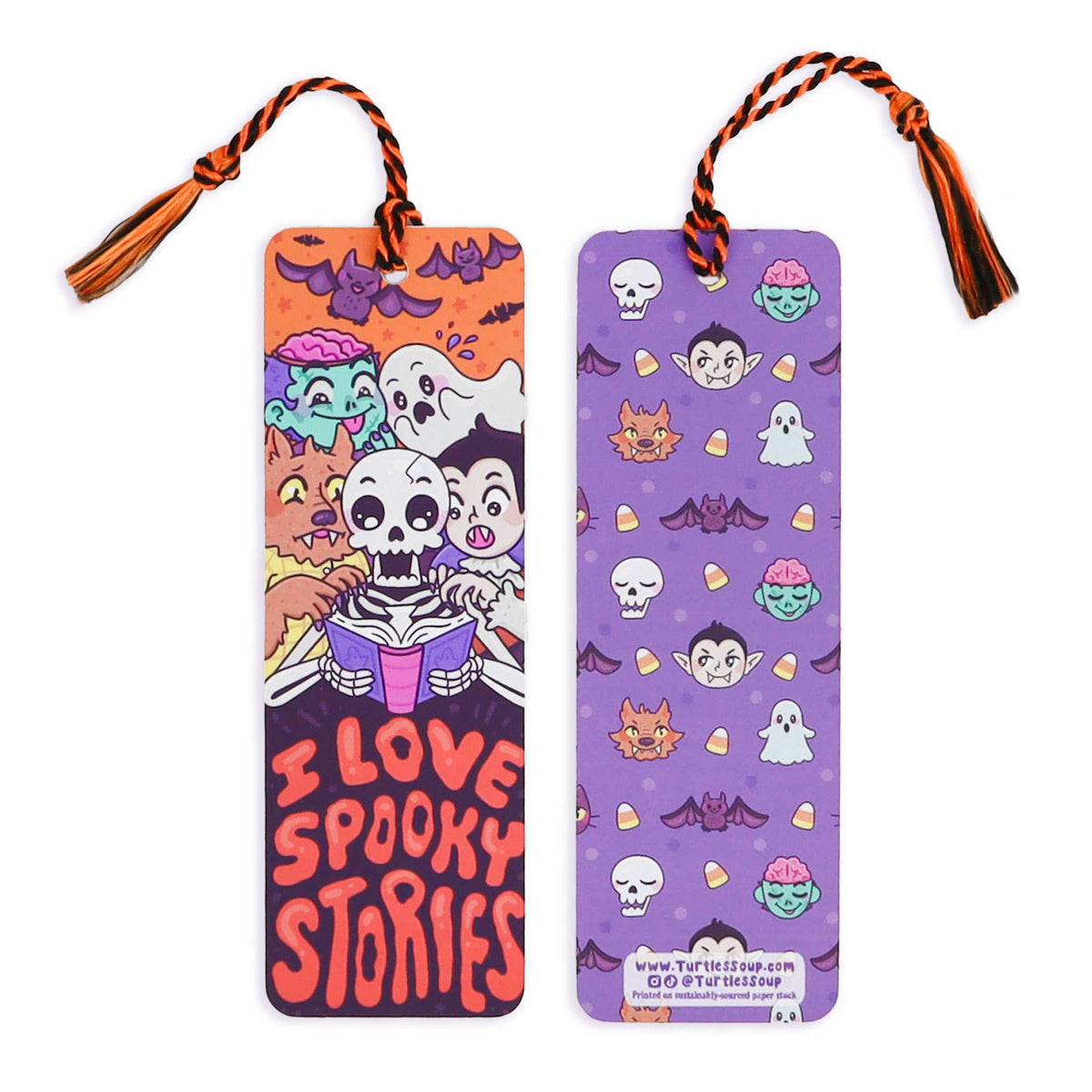 Two Halloween-themed bookmarks with cartoon characters and text on a white background.