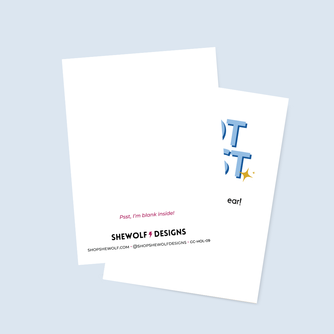 Two white greeting cards with colorful text on a light blue background