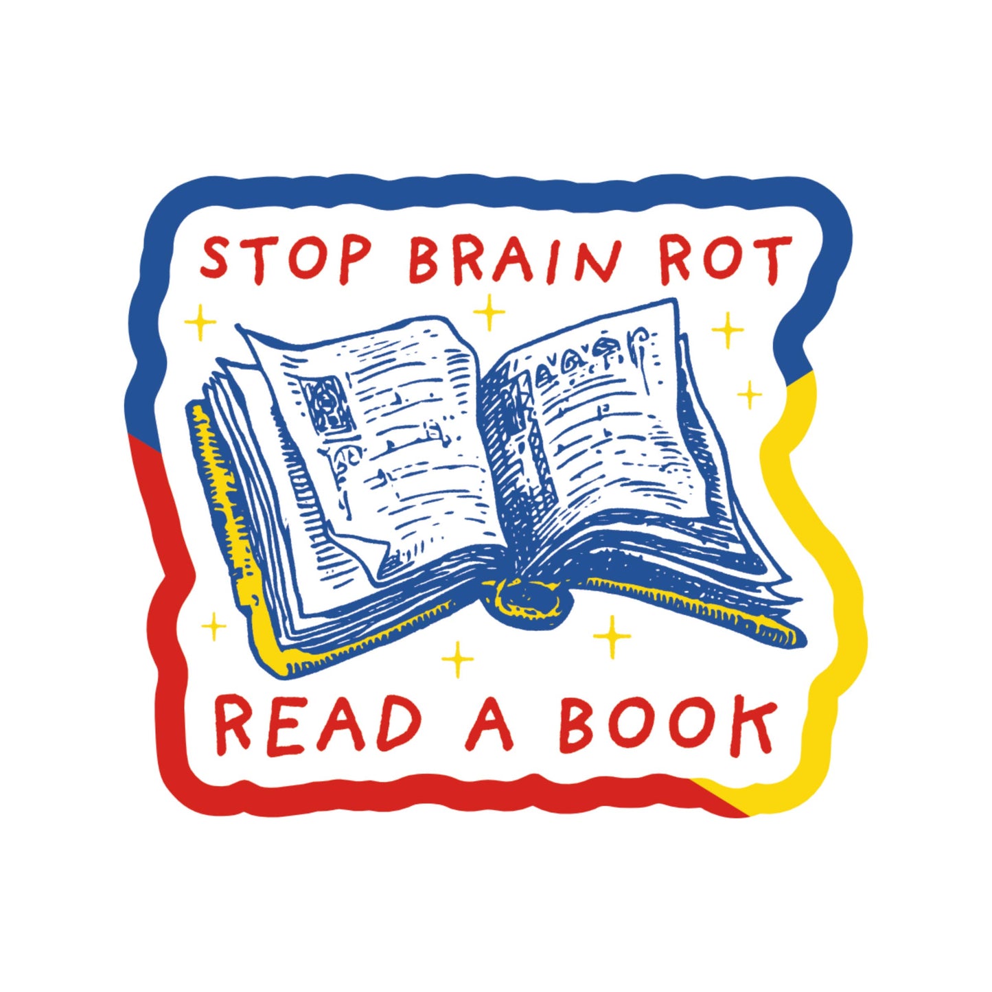 Illustration of an open book with 'Stop Brain Rot Read a Book' text on a white background
