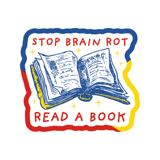 Illustration of an open book with 'Stop Brain Rot Read a Book' text on a white background