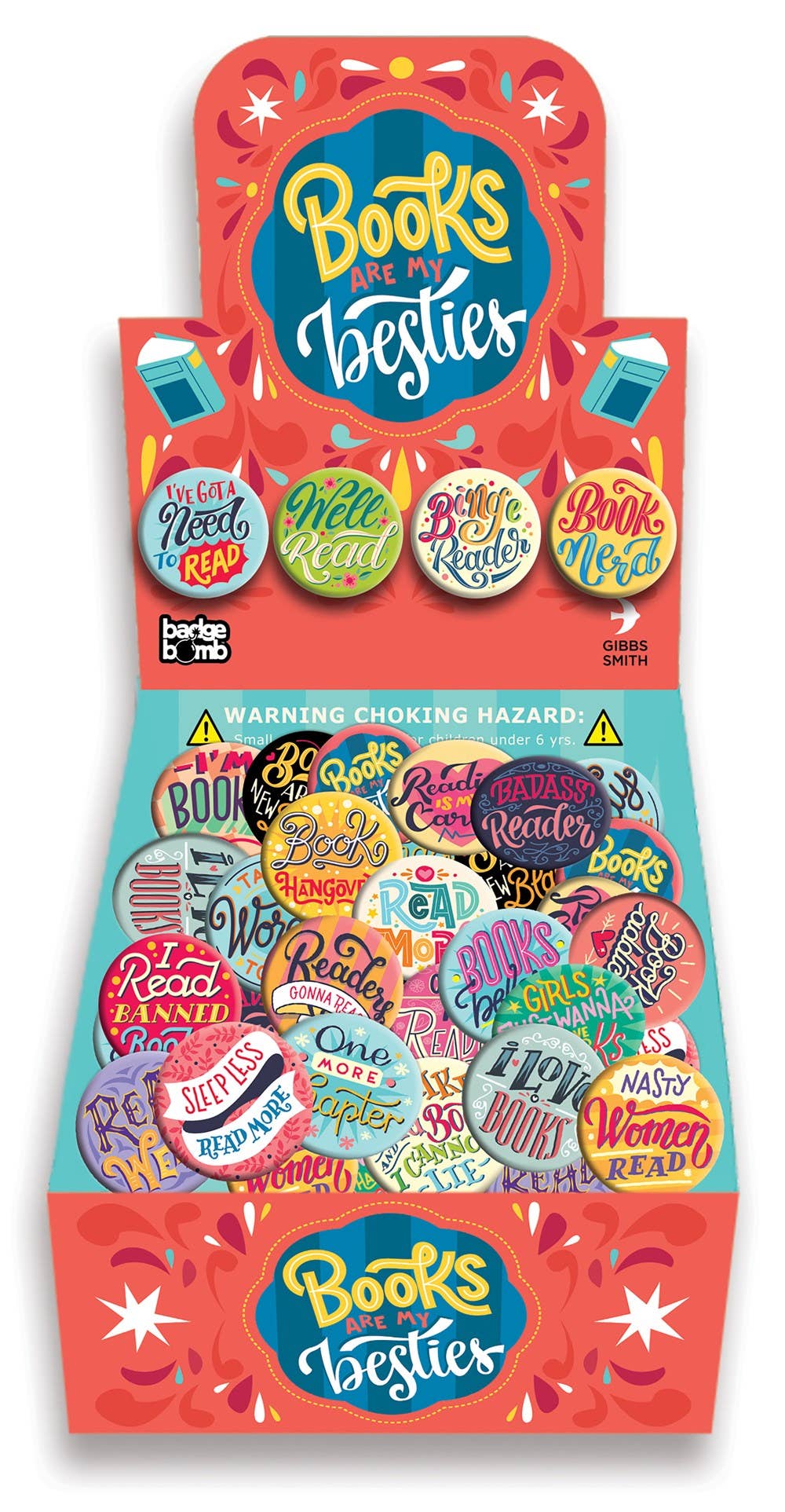 Packaged product of 'Books are my Besties' buttons with colorful designs on a white background