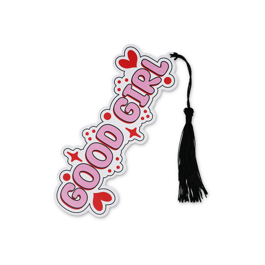 Bookmark with 'GOOD GIRL' text and decorative elements on a white background
