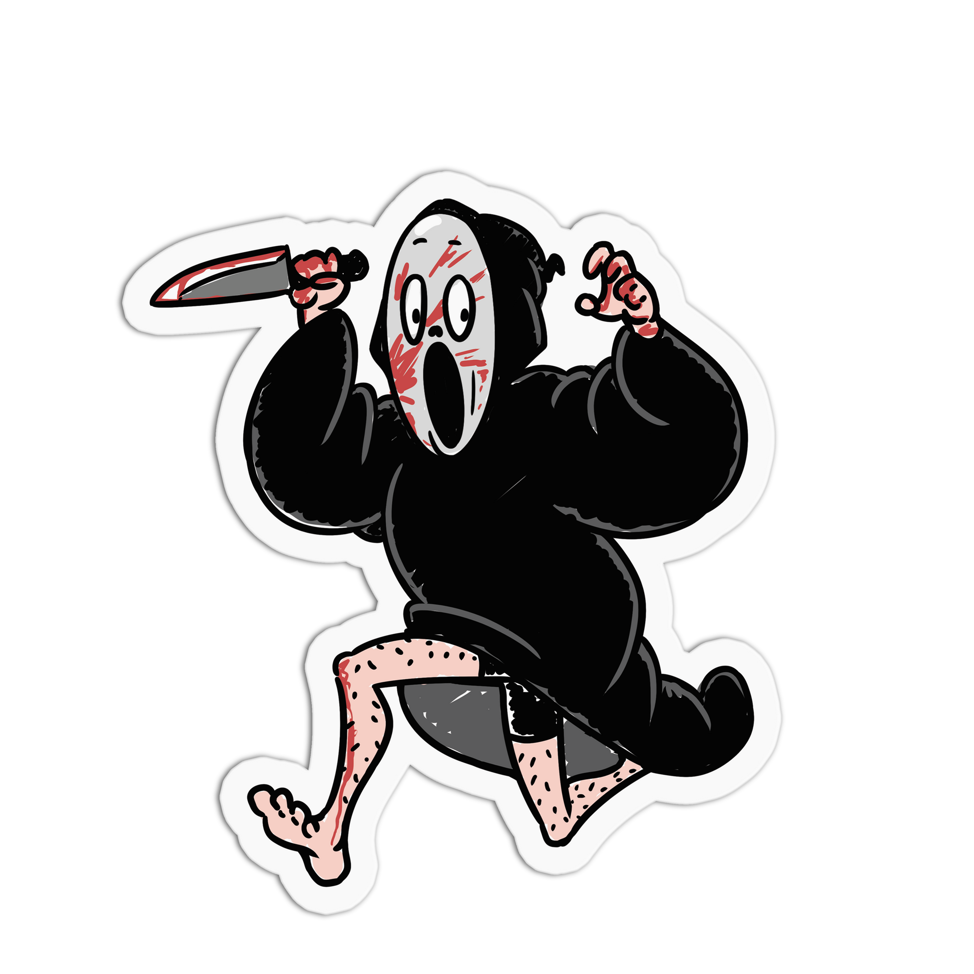 A die-cut vinyl sticker featuring a cartoon horror character in a black robe with a white screaming face mask, holding a bloody knife, on a plain white background.