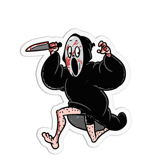 A die-cut vinyl sticker featuring a cartoon horror character in a black robe with a white screaming face mask, holding a bloody knife, on a plain white background.