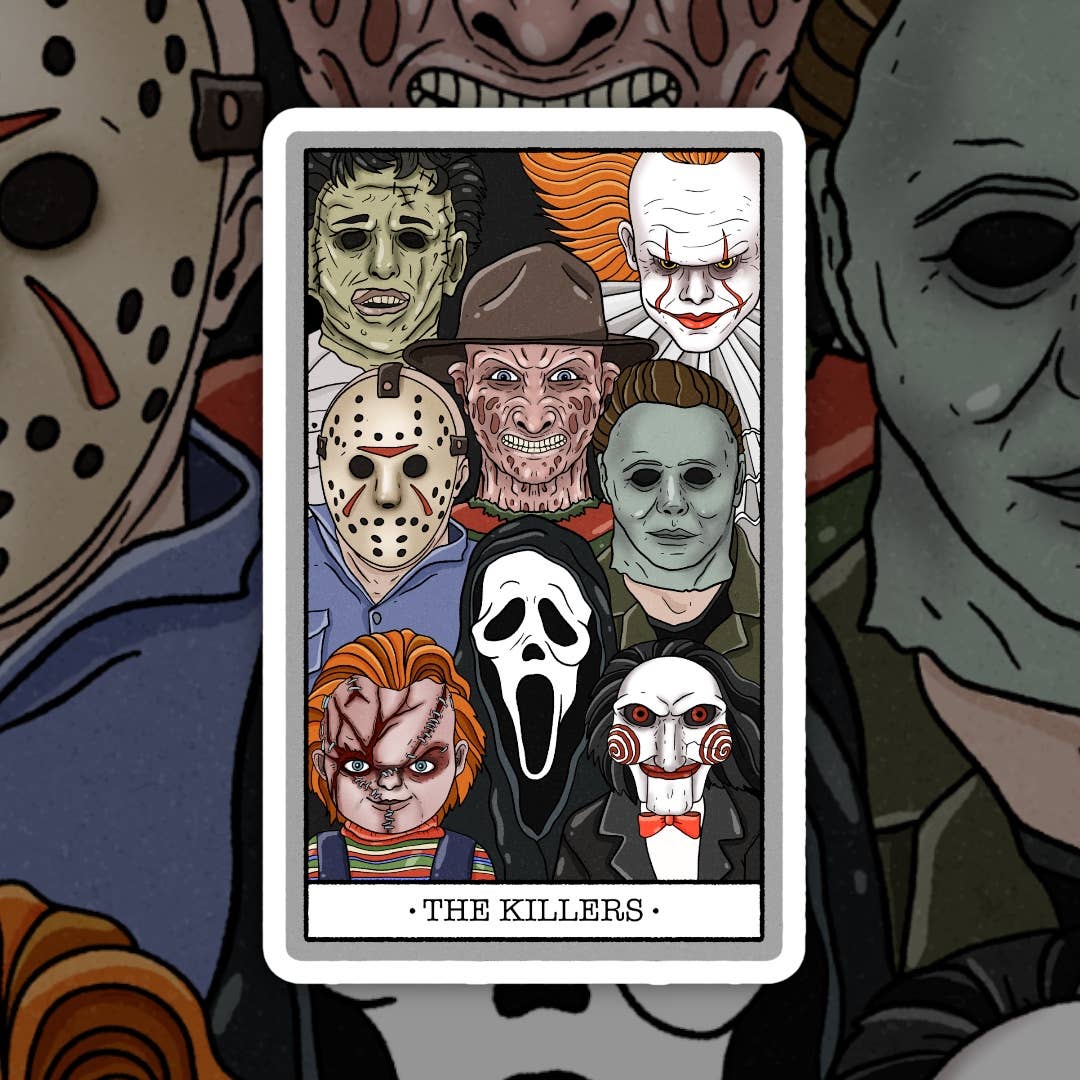 A rectangular art print or card featuring a collage of horror movie villains labeled 'THE KILLERS' at the bottom, centered against a blurred background of similar illustrated horror faces.