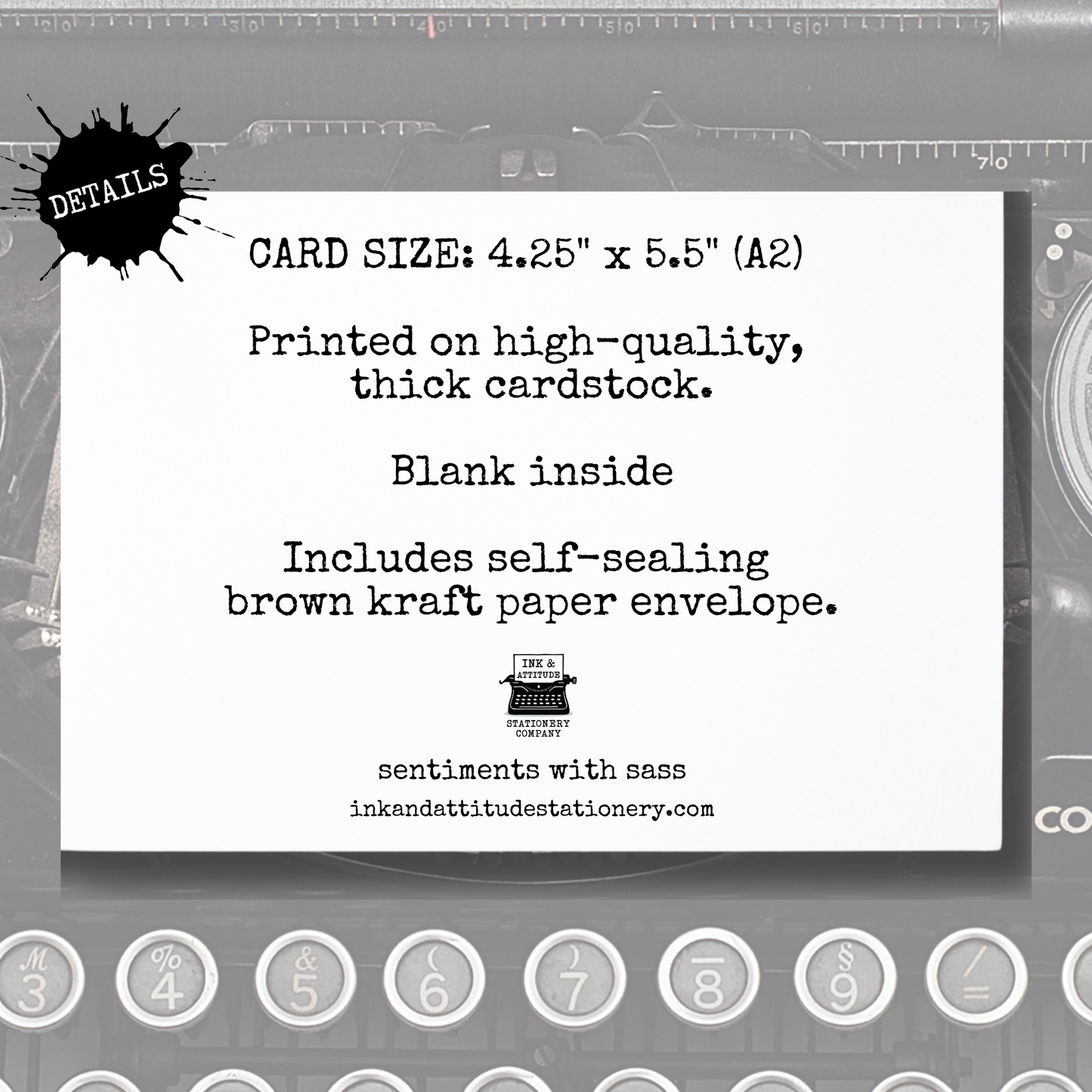 Card size details on a white card with black text, placed on a gray background with stationery-themed elements.