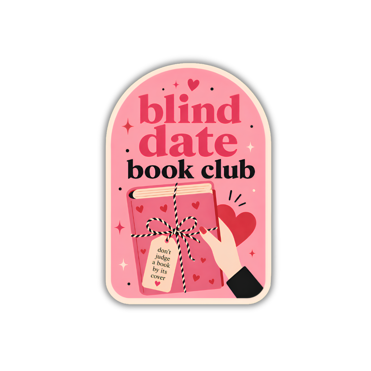 Sticker with 'blind date book club' text and a design of a hand holding a book.