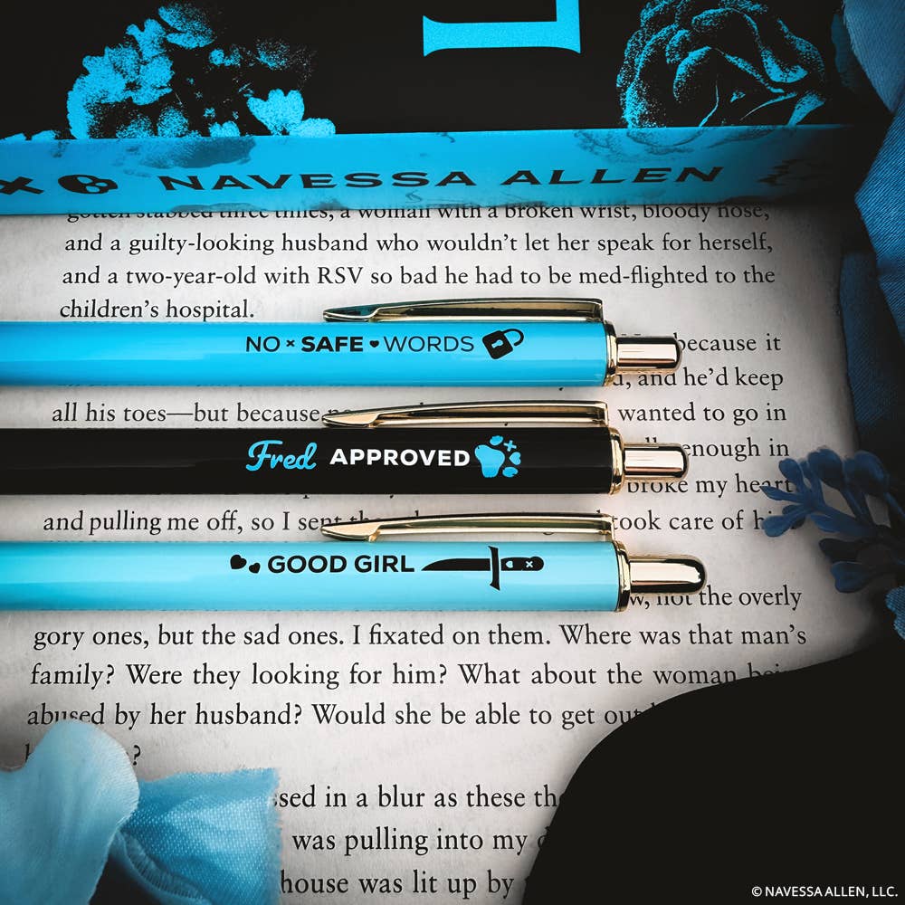 Three pens with text labels on a book page, featuring the brand 'Navessa Allen'.