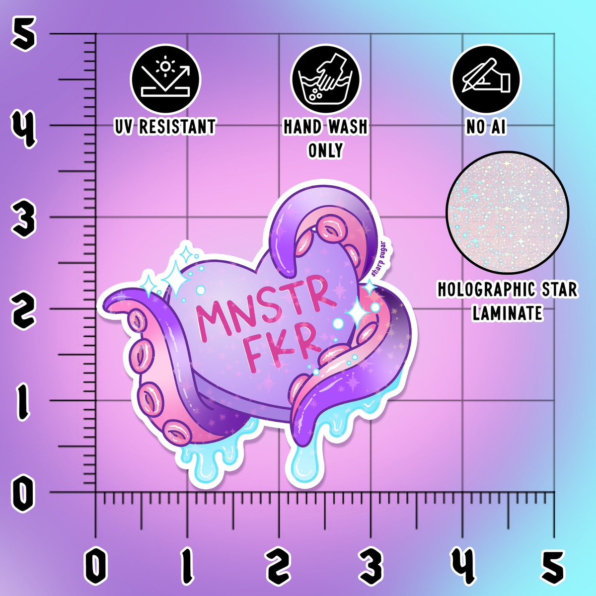 A holographic star decal sticker of a purple octopus with pink tentacles and the text 'MNSTR FKR' on its head, displayed on a purple and blue grid background with feature icons and text labels.
