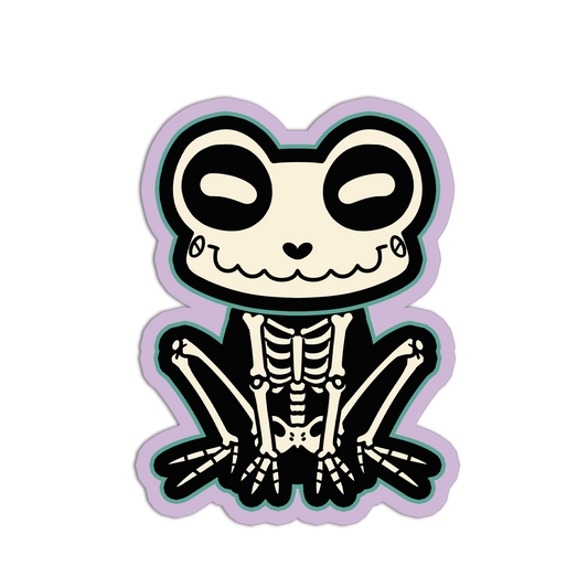 Skeleton panda sticker with a purple border on a white background