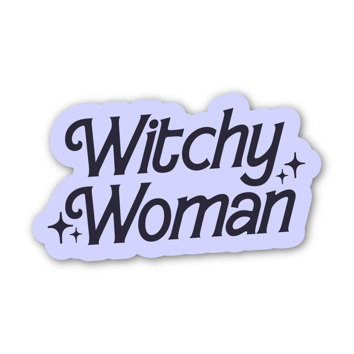 A die-cut sticker with the words 'Witchy Woman' in a dark charcoal script on a pale lavender background, shown on a clean white background.