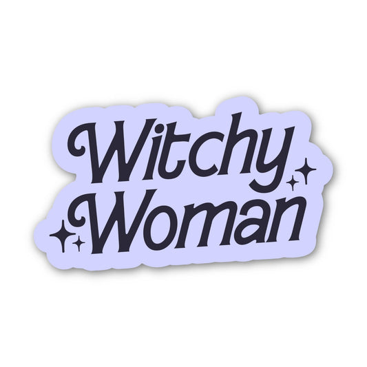 A die-cut sticker with the words 'Witchy Woman' in a dark charcoal script on a pale lavender background, shown on a clean white background.