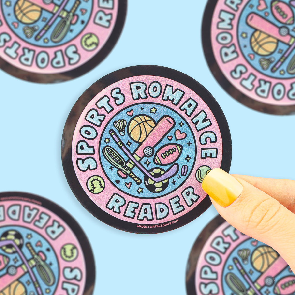 A circular sticker featuring sports romance themes, held by a hand with yellow nail polish against a light blue background with other stickers partially visible.