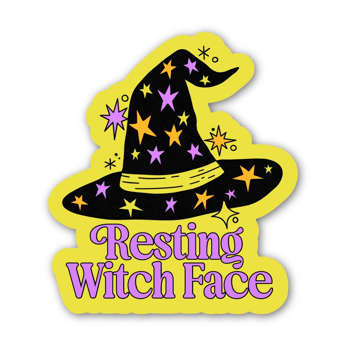 A die-cut sticker featuring a cartoon witch hat with stars and the text 'Resting Witch Face' in purple, shown on a plain white background.