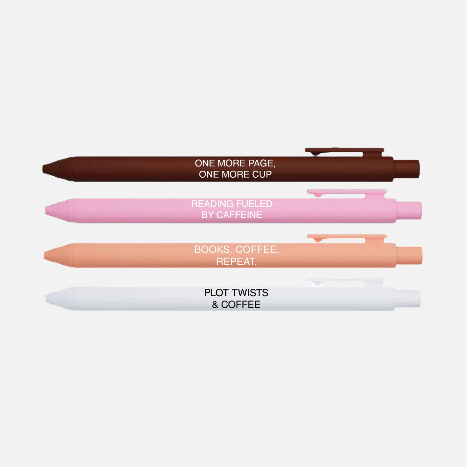 Four pens with motivational text on a white background