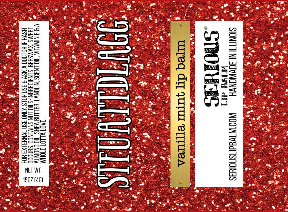 Serious Vanilla Mint lip balm packaging on a red glittery background