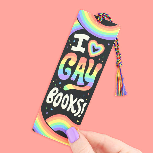 Colorful bookmark with 'I ❤️ GAY BOOKS!' text on a pink background