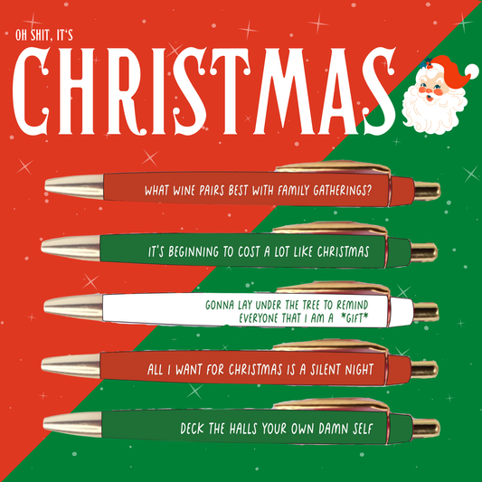 Set of Christmas-themed pens with humorous sayings on a red and green background with Santa Claus.