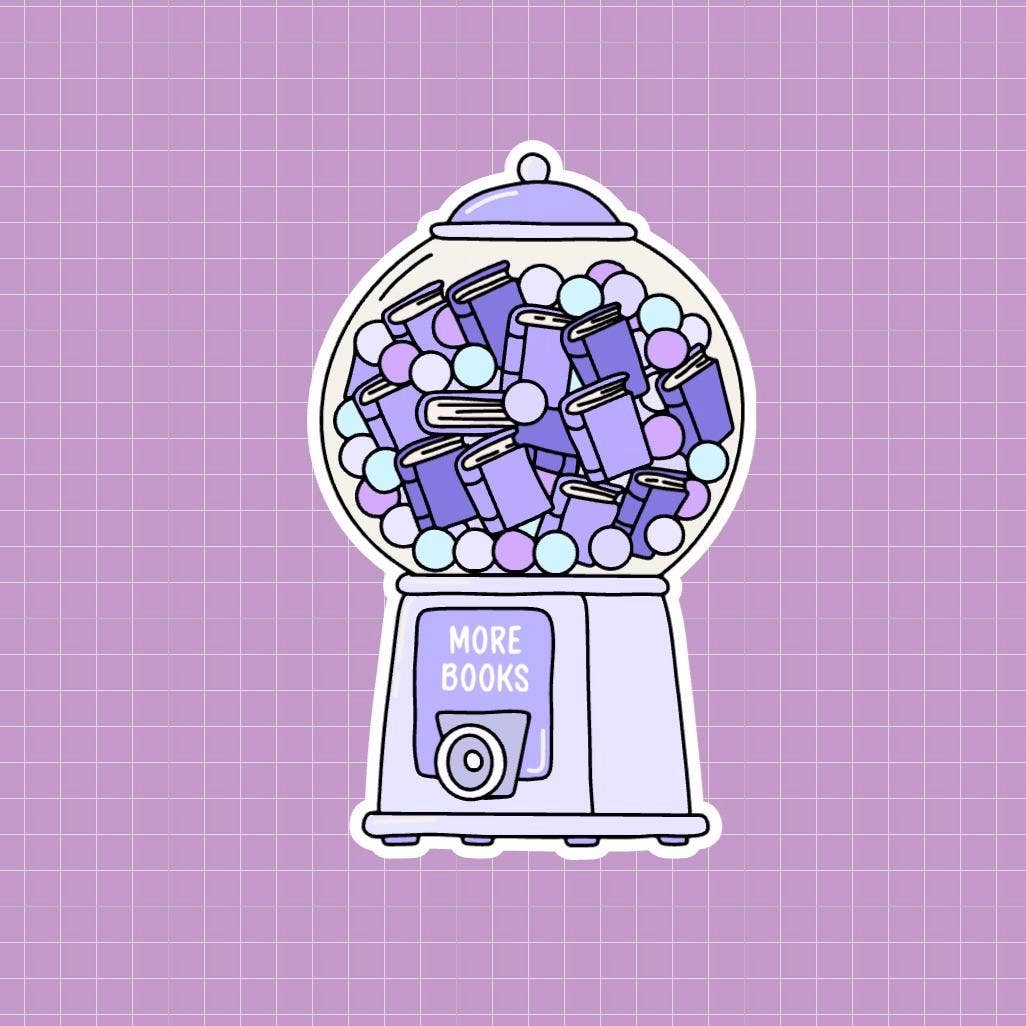 Gumball machine with 'More Books' text on a purple grid background