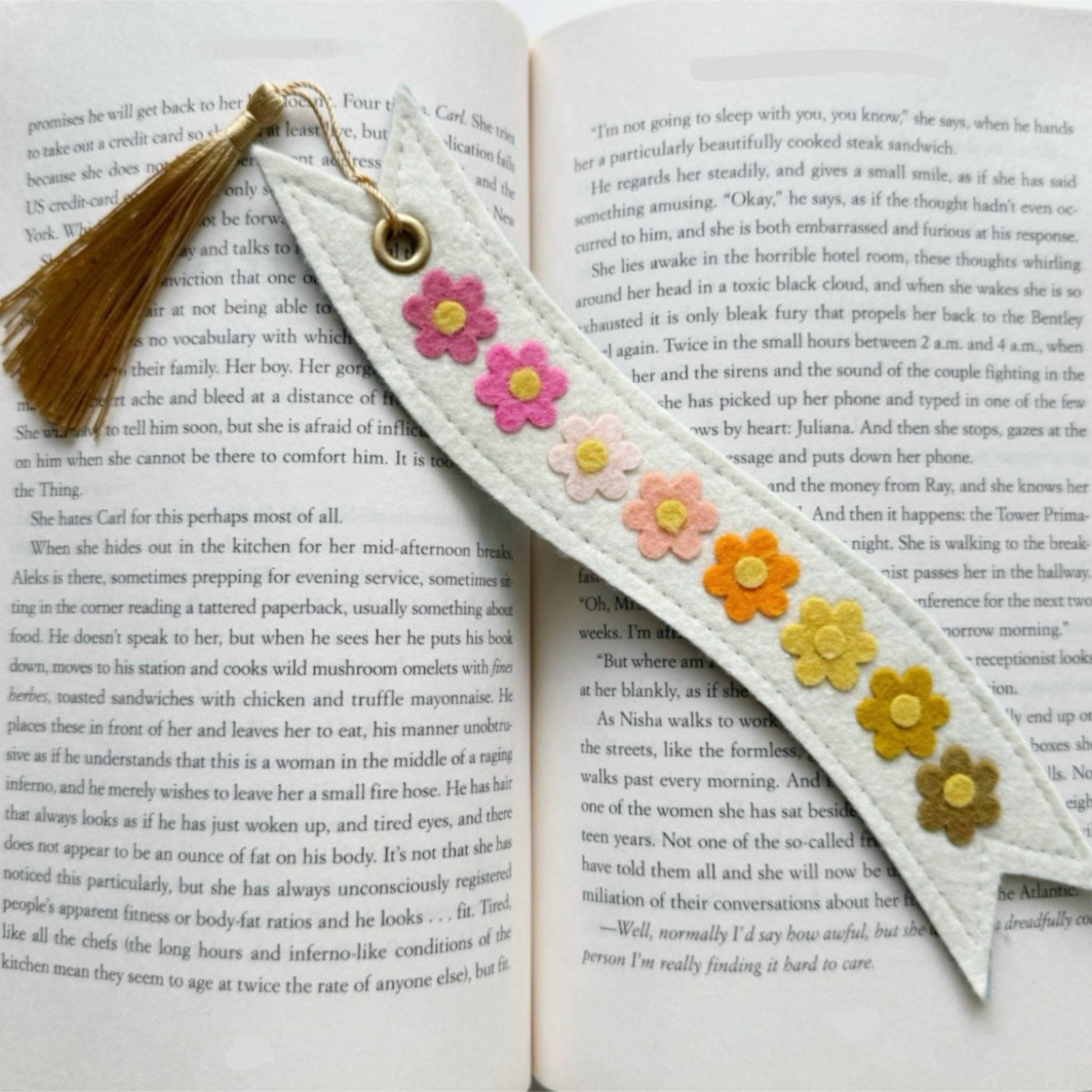 Floral bookmark with tassel on an open book