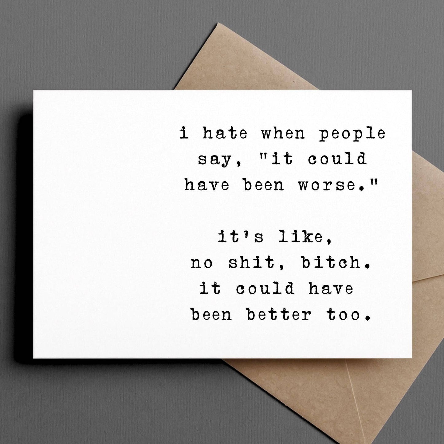 Card with humorous text on a gray background